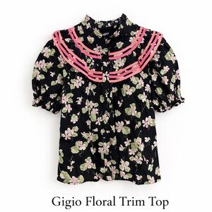 Gigio Black Floral Blouse with Pink Trim
